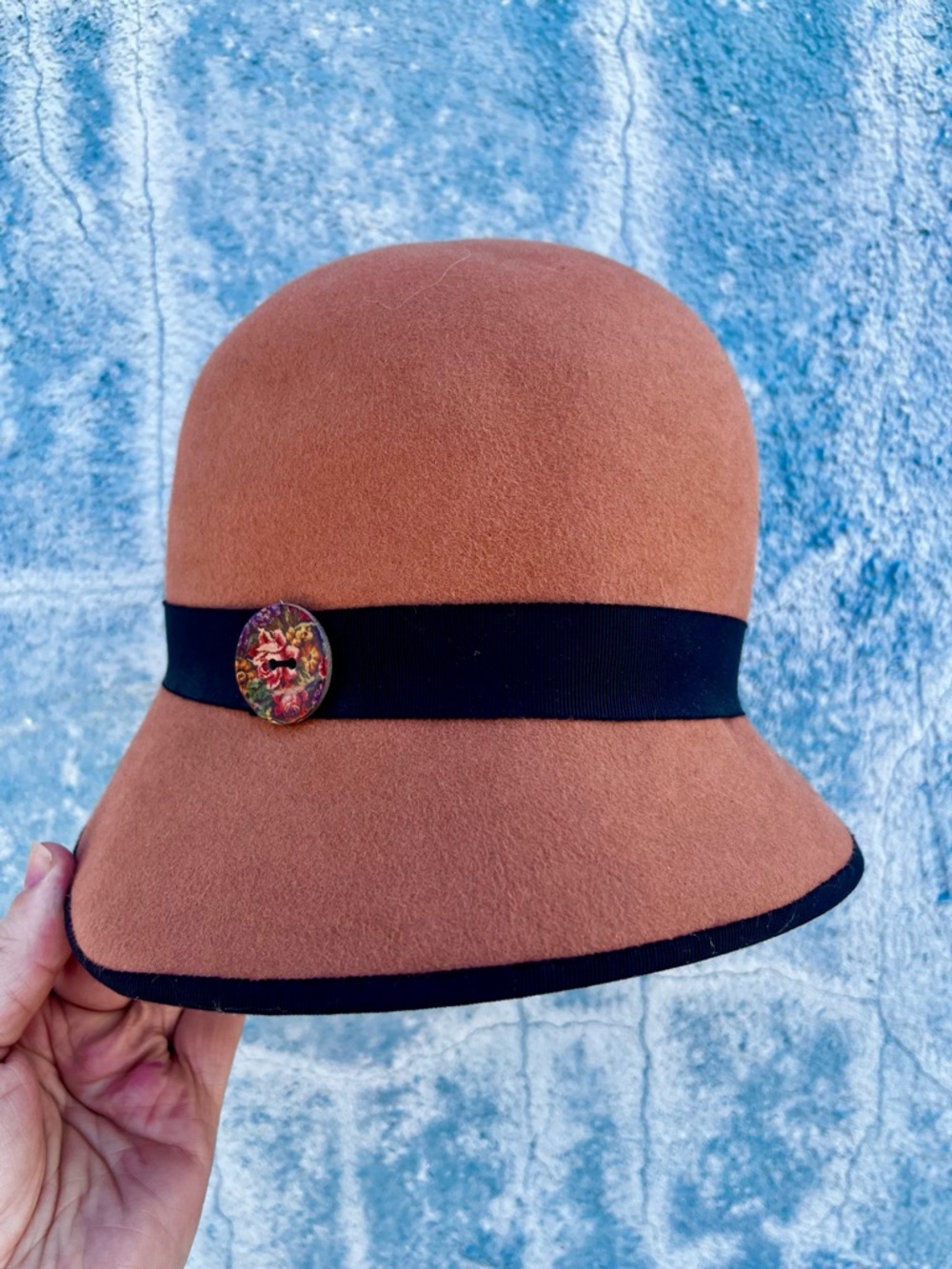 Brown Wool Cloche Hat with Black Band and Floral Button Accent